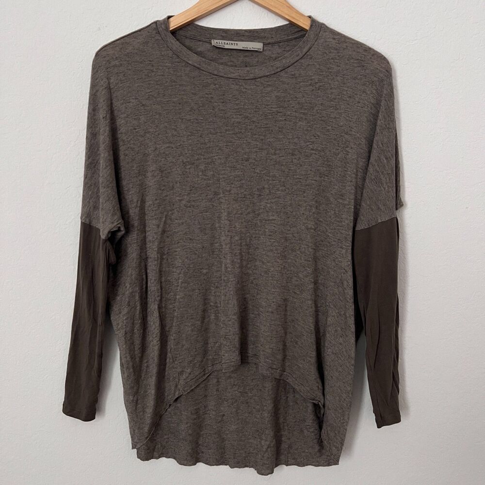 All Saints Wavetop Top Brown Thin Hi-Low Hem Crew Neck Open Elbow Relax M